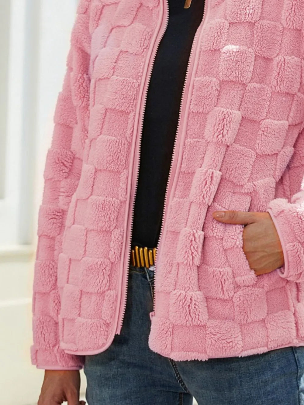 Terneret sherpa-jakke til kvinder med lynlås, størrelser S til 2xl