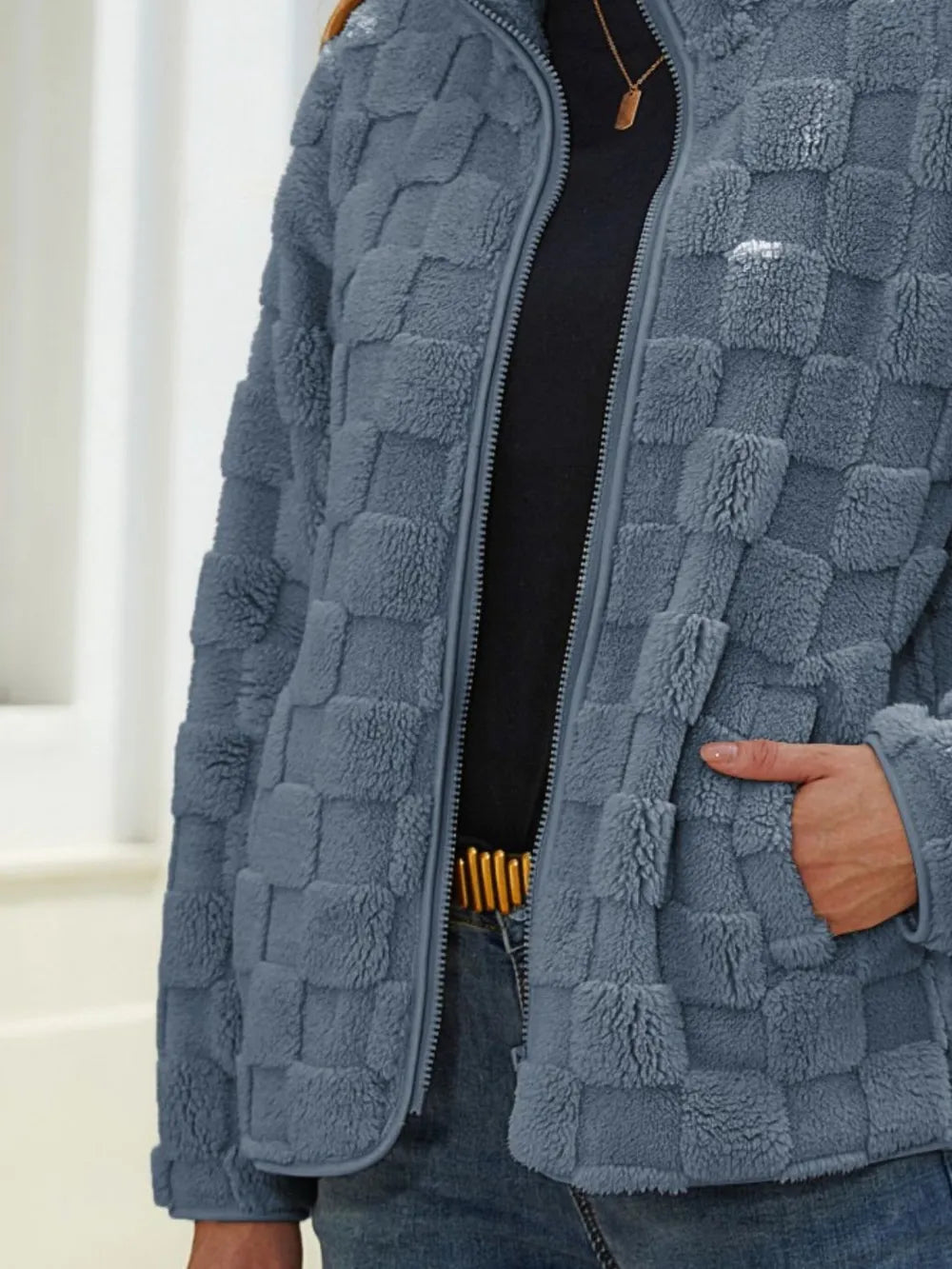 Terneret sherpa-jakke til kvinder med lynlås, størrelser S til 2xl