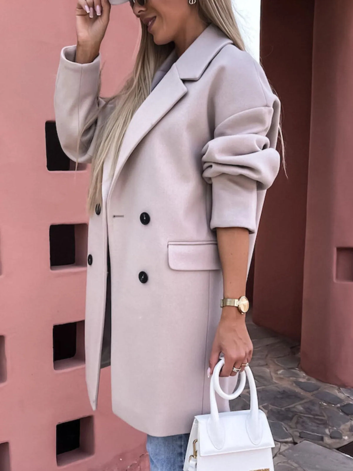 Casaco comprido de inverno para senhora, trespassado e com bolsos, tamanhos S-3xl