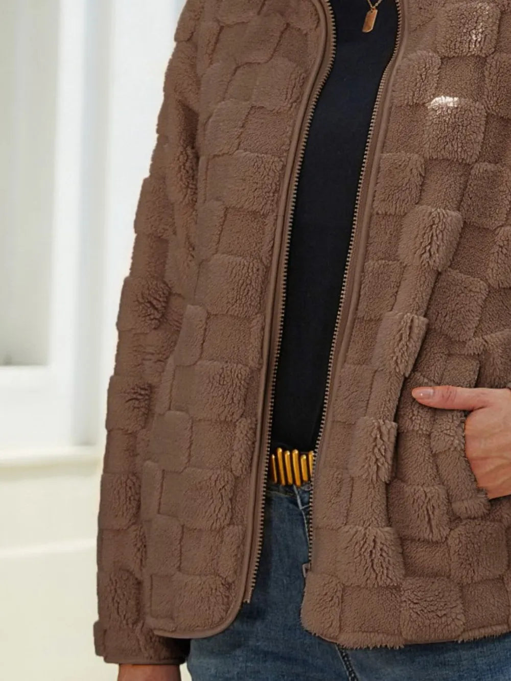 Terneret sherpa-jakke til kvinder med lynlås, størrelser S til 2xl