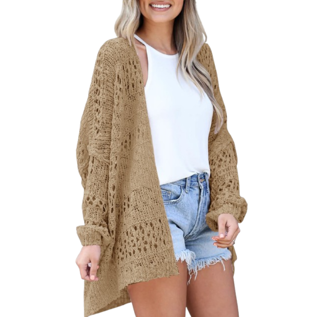 Casaco de malha oversized para mulher, em tecido leve de malha aberta