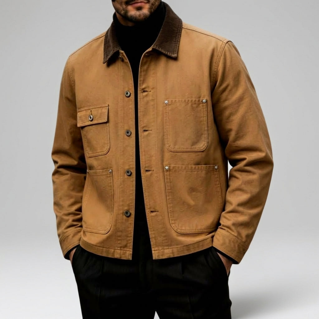 Men's Button-Front Chore Jacket with Contrast Collar