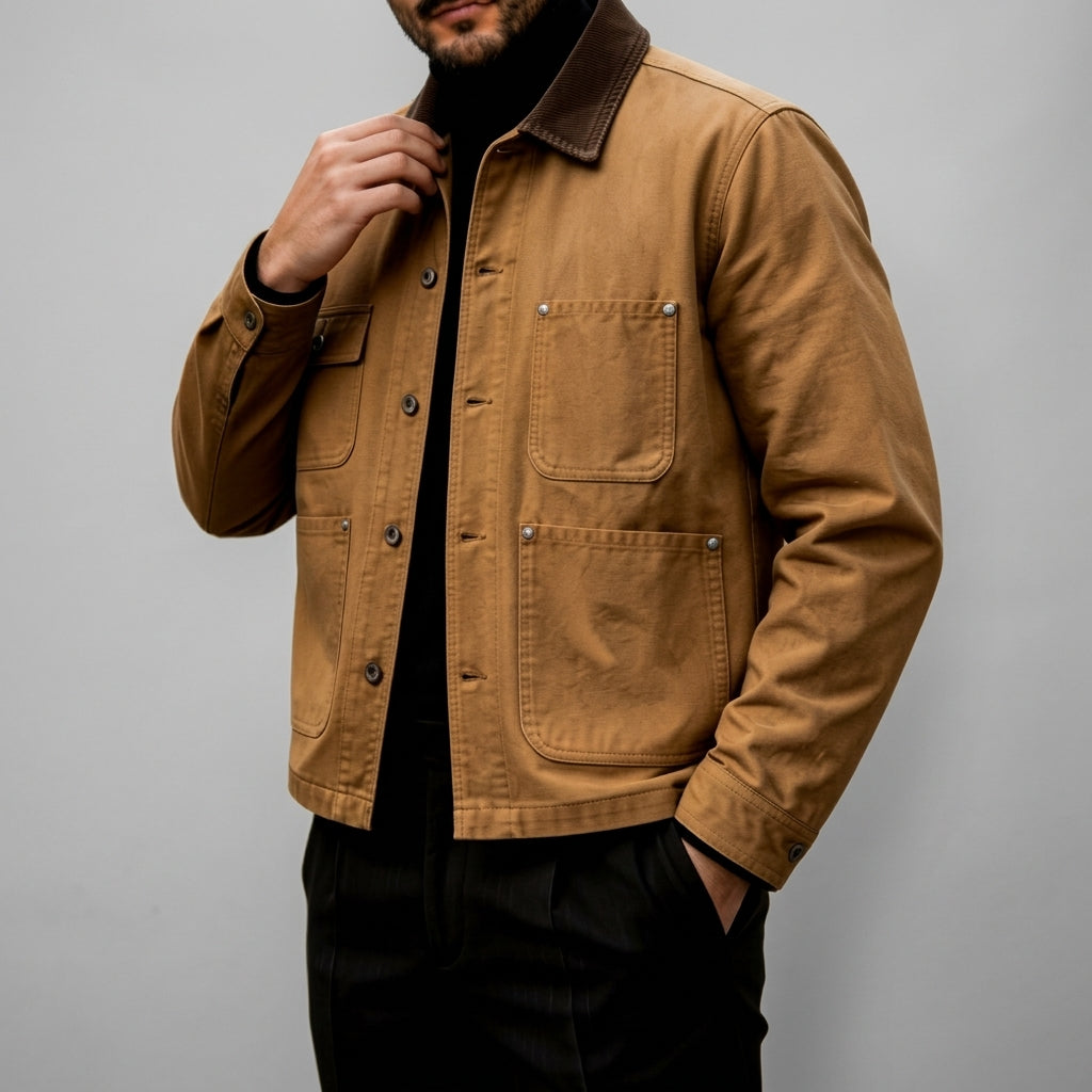 Men's Button-Front Chore Jacket with Contrast Collar
