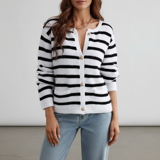 Women's Striped V-Neck Button-Front Cardigan – Cozy Fall & Winter