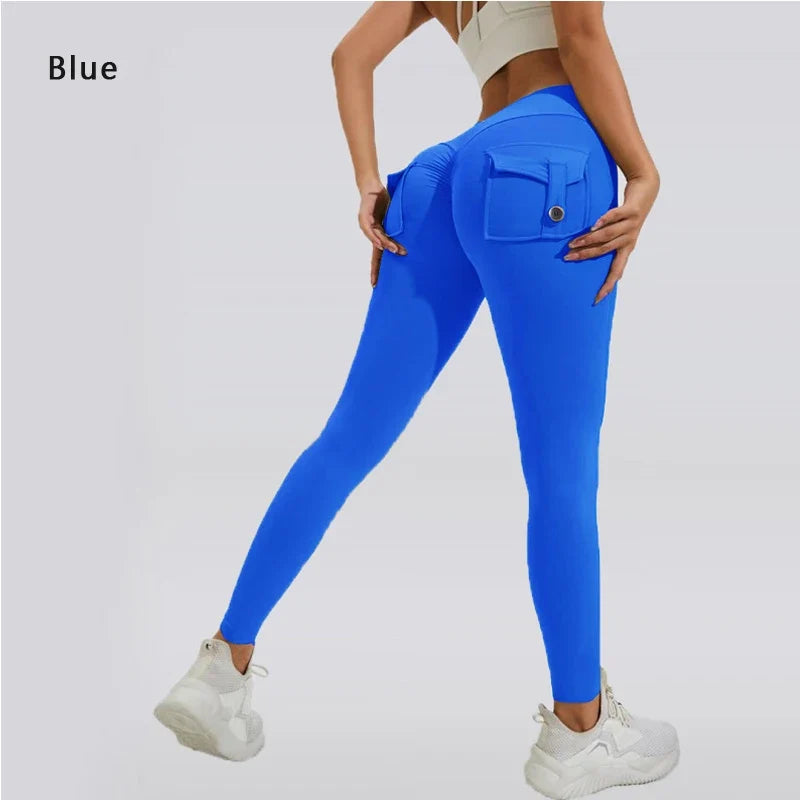Andningsbara yogabyxor för kvinnor med ficka för rumpan, sportleggings i nylon