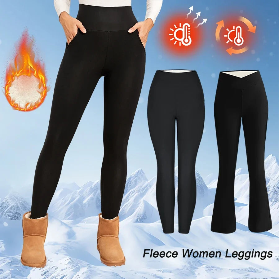 Leggings térmicas de lã espessas e evasé para mulher, collants de cintura subida