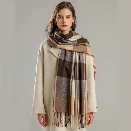 Women's Oversized Check Scarf - Soft Wool with Fringed Edges-The Yellow Prime