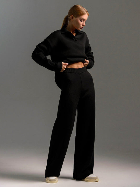 Women's Wide Collar Polo Shirt and Pants Outfit Set-The Yellow Prime