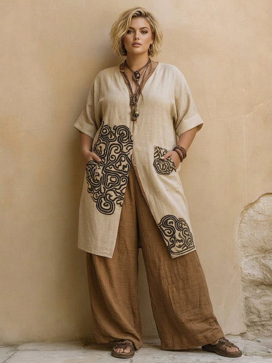 Women's Dark Gray & Brown Tribal Print Three-Piece Outfit Set