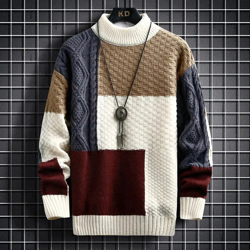 Sweater til mænd med rund hals, patchwork og ton-i-ton-struktur