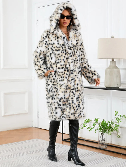 Women's Hooded Leopard Print Faux Fur Coat, Thermal Lined