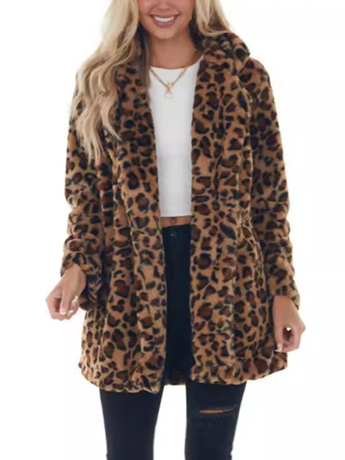 Dammode i fuskpäls med leopardmönster, öppen framtill, plus size 5xl