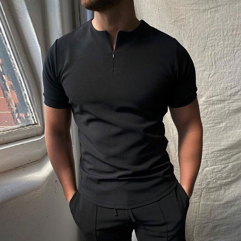 Men's Casual Fit Short Sleeve Zip-Up Polo Shirt-The Yellow Prime