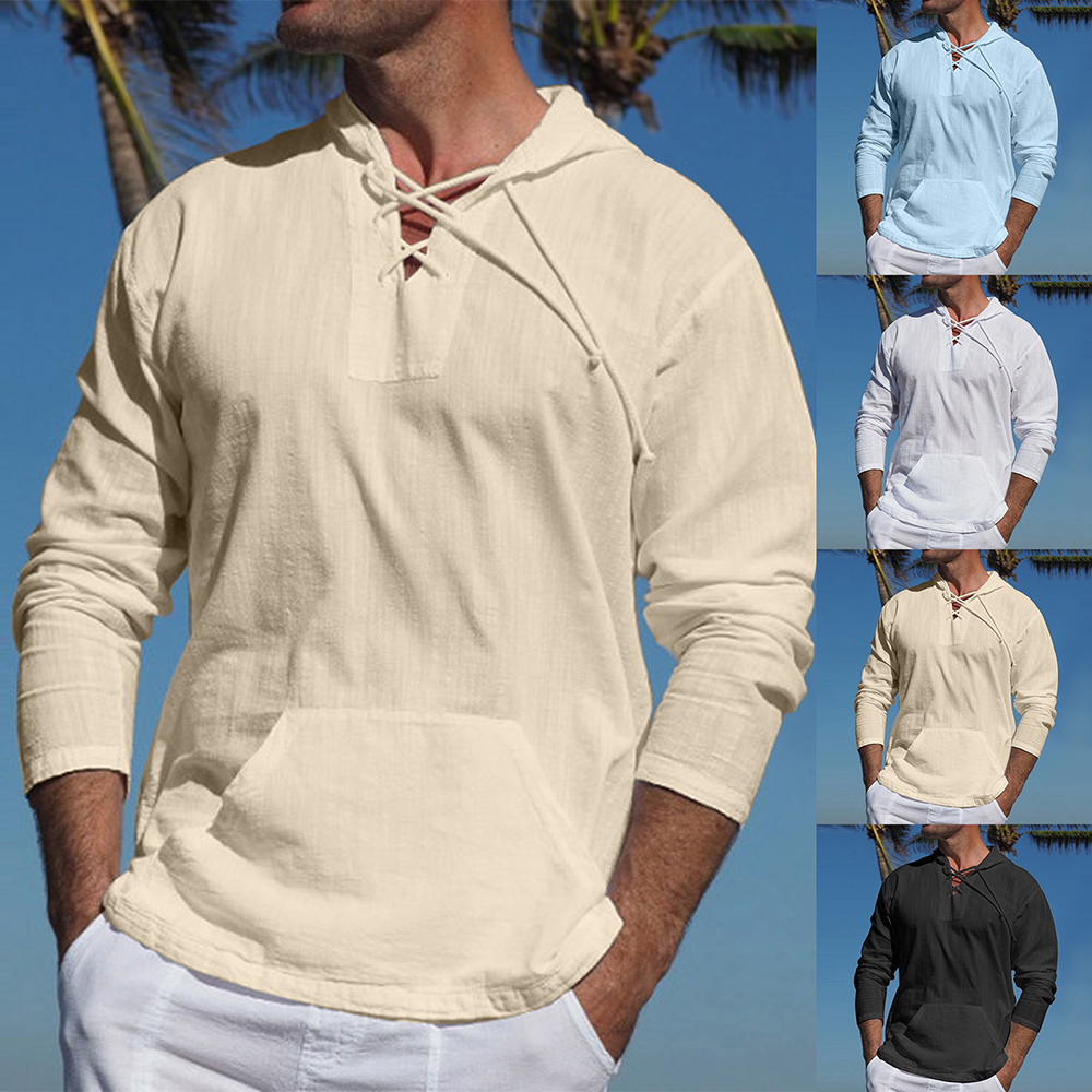 Men's Lightweight Casual Pullover - Lace-Up V Neck, Linen Blend