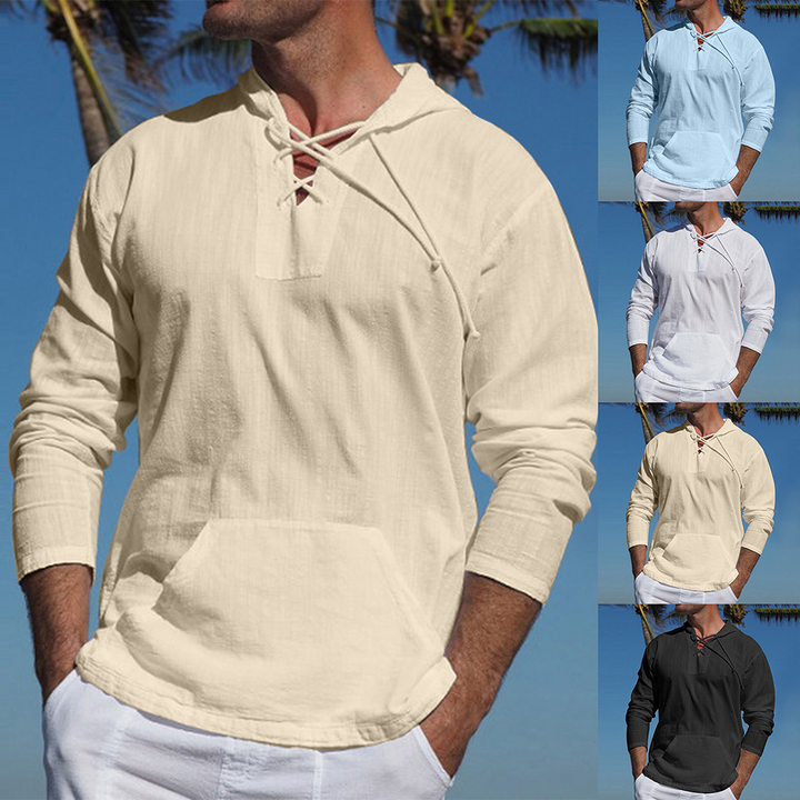 Men's Lightweight Casual Pullover - Lace-Up V Neck, Linen Blend