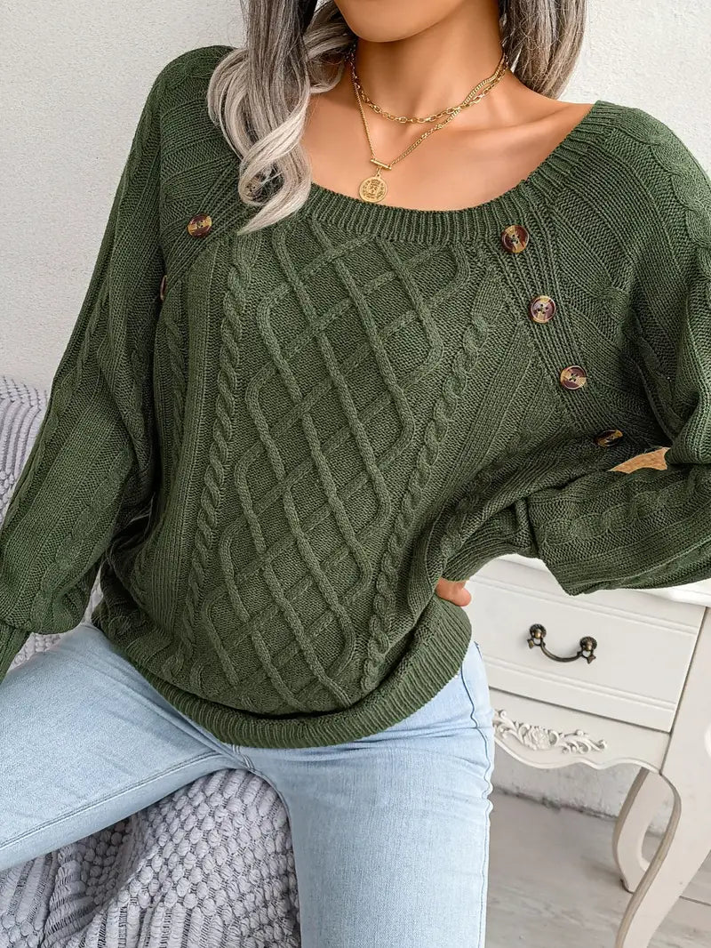 Women's Loose-Fitting Cable-Knit Sweater with Shoulder Buttons