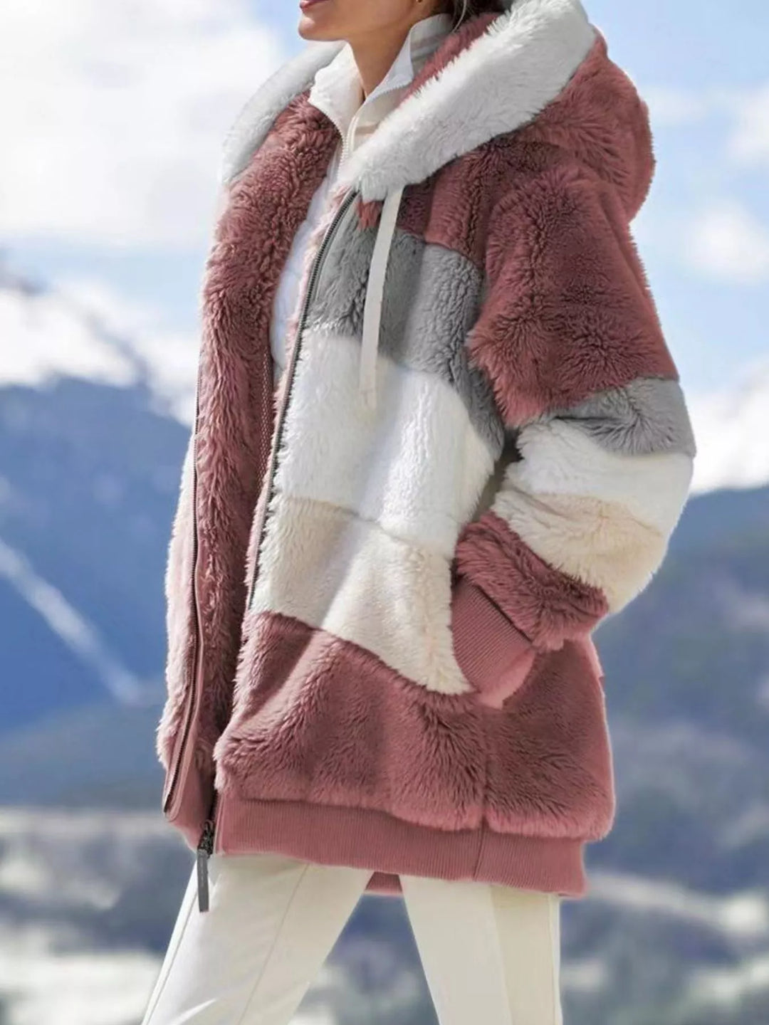 Giacca da donna taglie forti con cappuccio e cerniera, in sherpa, taglie fino a 5XL