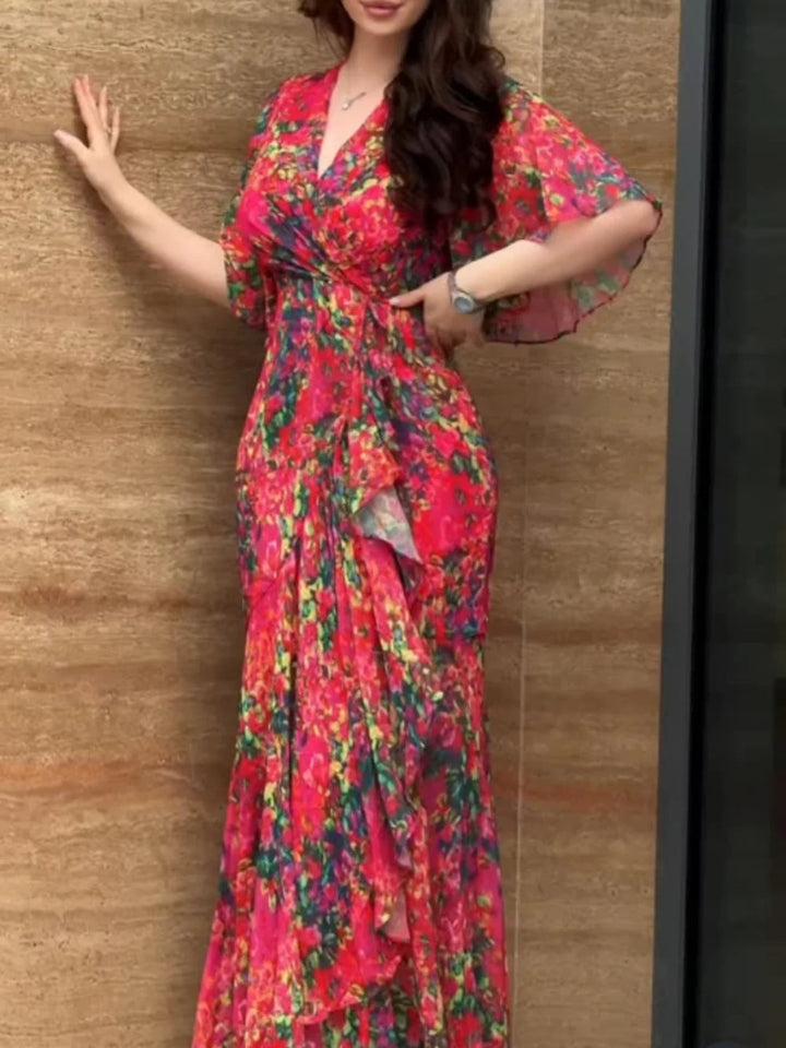 Mariah | Women's Floral Wrap Maxi Dress in Retro Style-The Yellow Prime