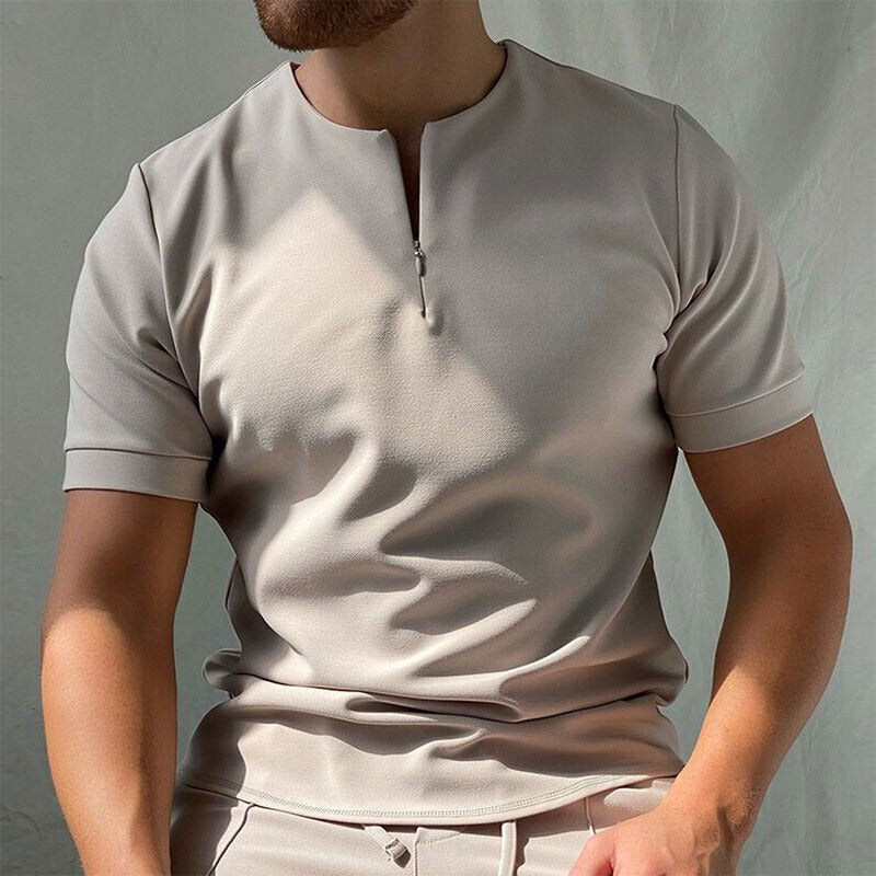 Men's Casual Fit Short Sleeve Zip-Up Polo Shirt-The Yellow Prime