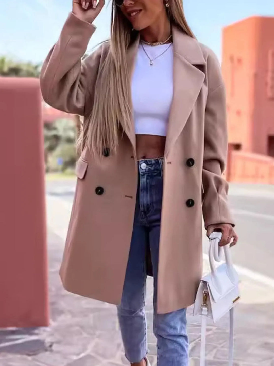 Cappotto invernale lungo da donna a doppiopetto con tasche, taglie S-3XL