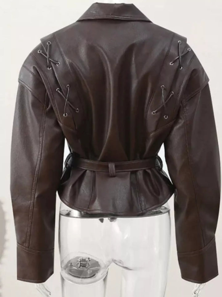 Women's Faux Leather Belted Coat with Shawl Collar, Mid-Thigh Length