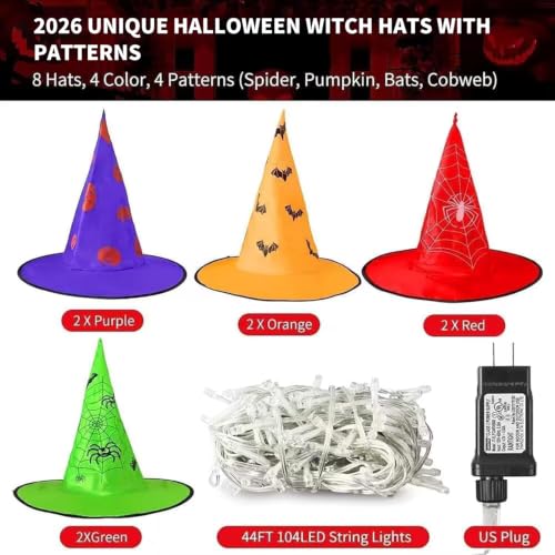 Halloween-lichtslinger met heksenhoeden van 44ft met 104 warmwitte leds