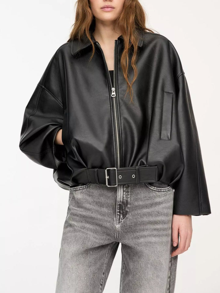 Chaqueta elegante de piel sintética con cremallera para mujer, forrada, tallas XS-XL