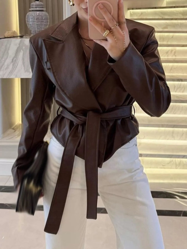Women's Faux Leather Belted Coat with Shawl Collar, Mid-Thigh Length