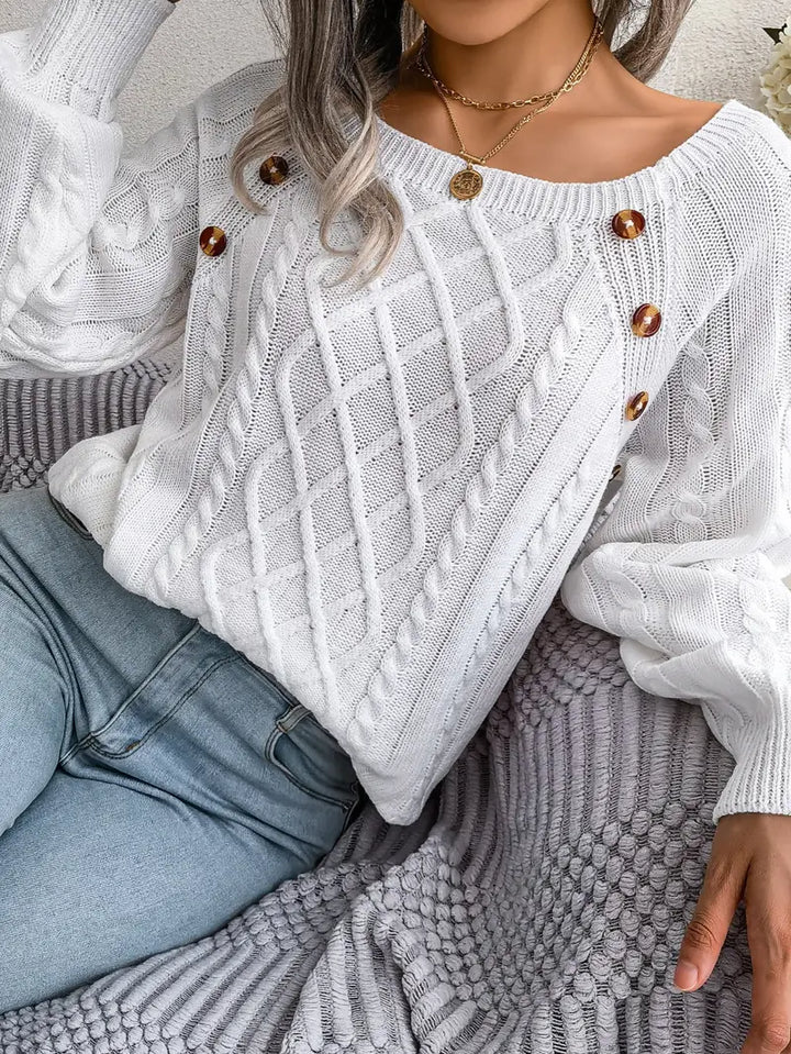 Women's Loose-Fitting Cable-Knit Sweater with Shoulder Buttons