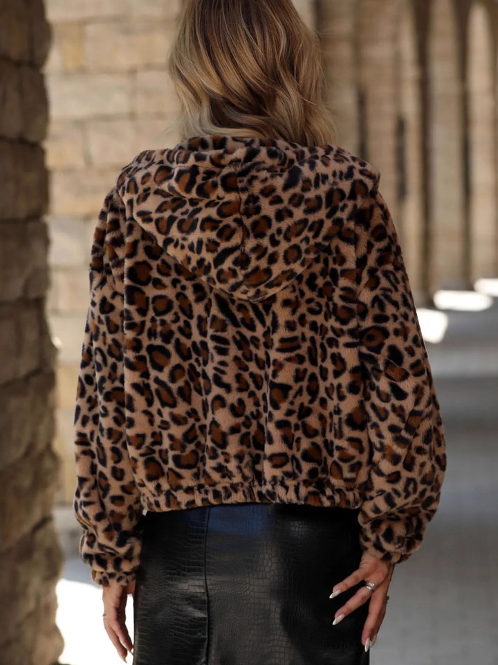 Giacca da donna con cappuccio e cerniera, stampa leopardata, taglie da S a 2XL