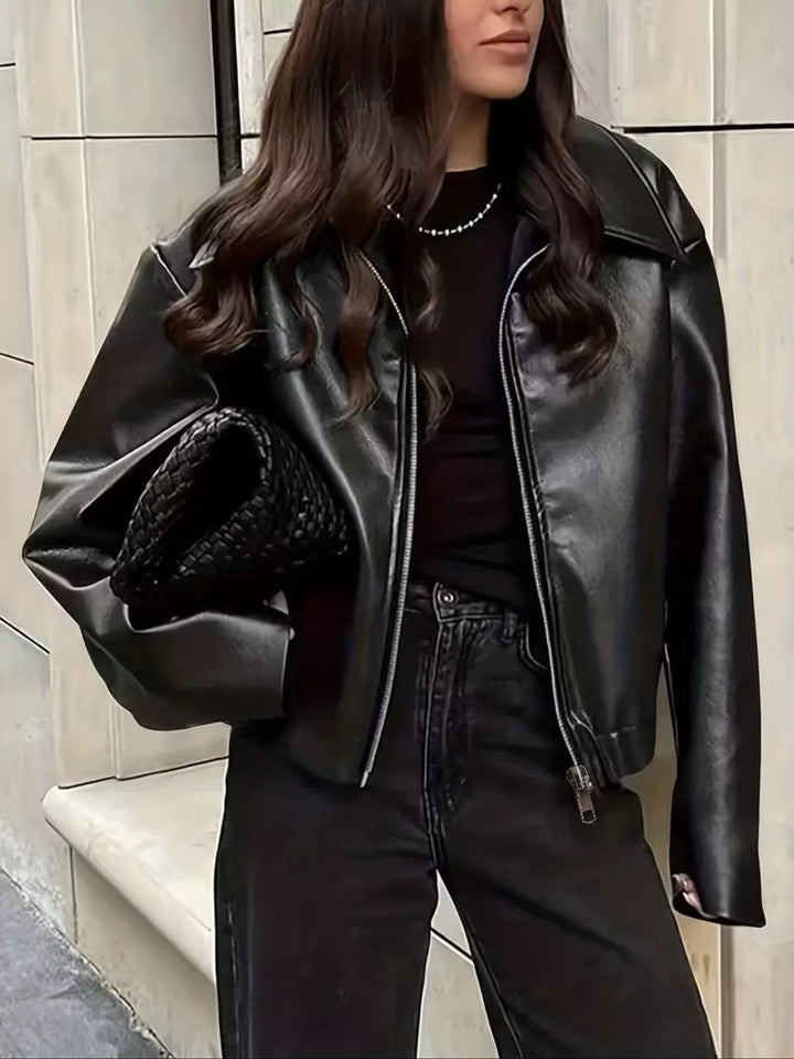 Dámská oversized motorkářská bunda z umělé kůže se zapínáním na zip, velikosti S-XXL
