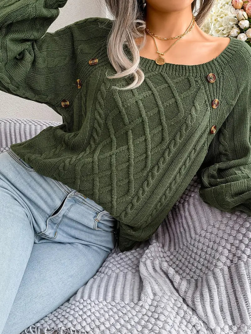 Women's Loose-Fitting Cable-Knit Sweater with Shoulder Buttons