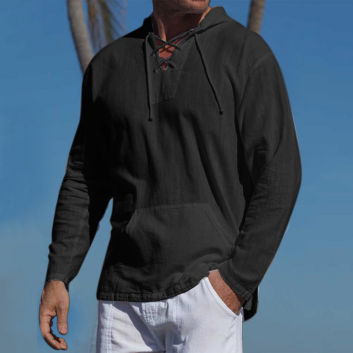Men's Lightweight Casual Pullover - Lace-Up V Neck, Linen Blend