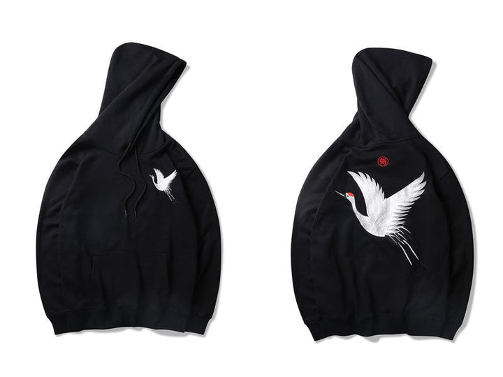 Men's Oversized Relaxed Hoodie with Embroidered Crane Design-The Yellow Prime