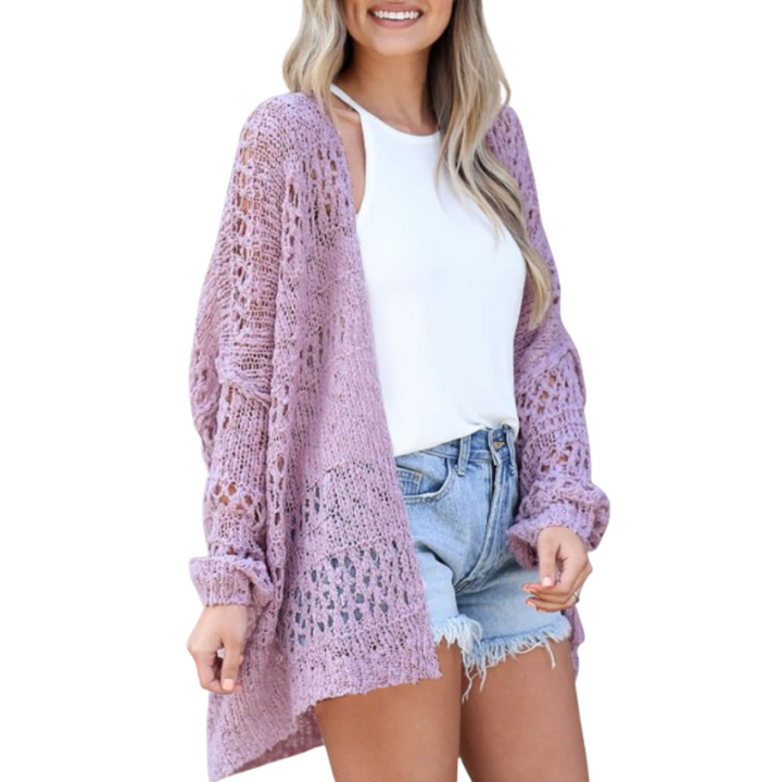 Casaco de malha oversized para mulher, em tecido leve de malha aberta