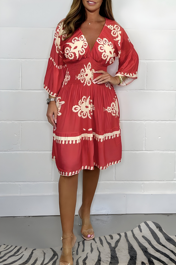 Sophia | Elegant V-Neck Patterned Dress – Ideal for Any Occasion-The Yellow Prime