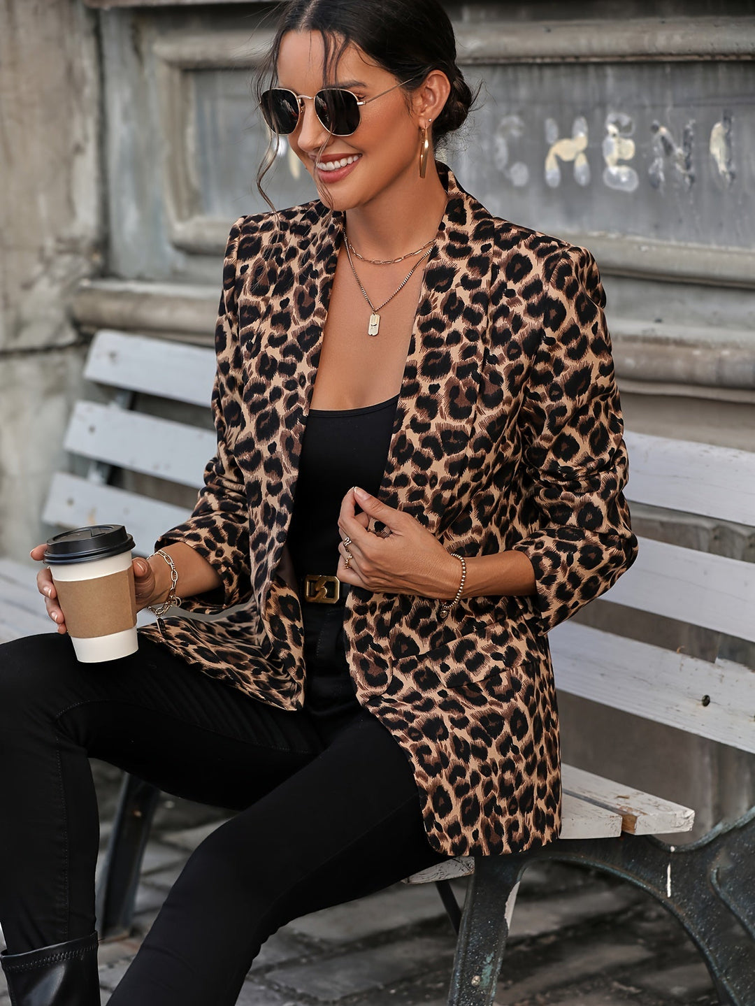 Women's Elegant Business Long Blazer with Leopard Print for All Seasons-The Yellow Prime