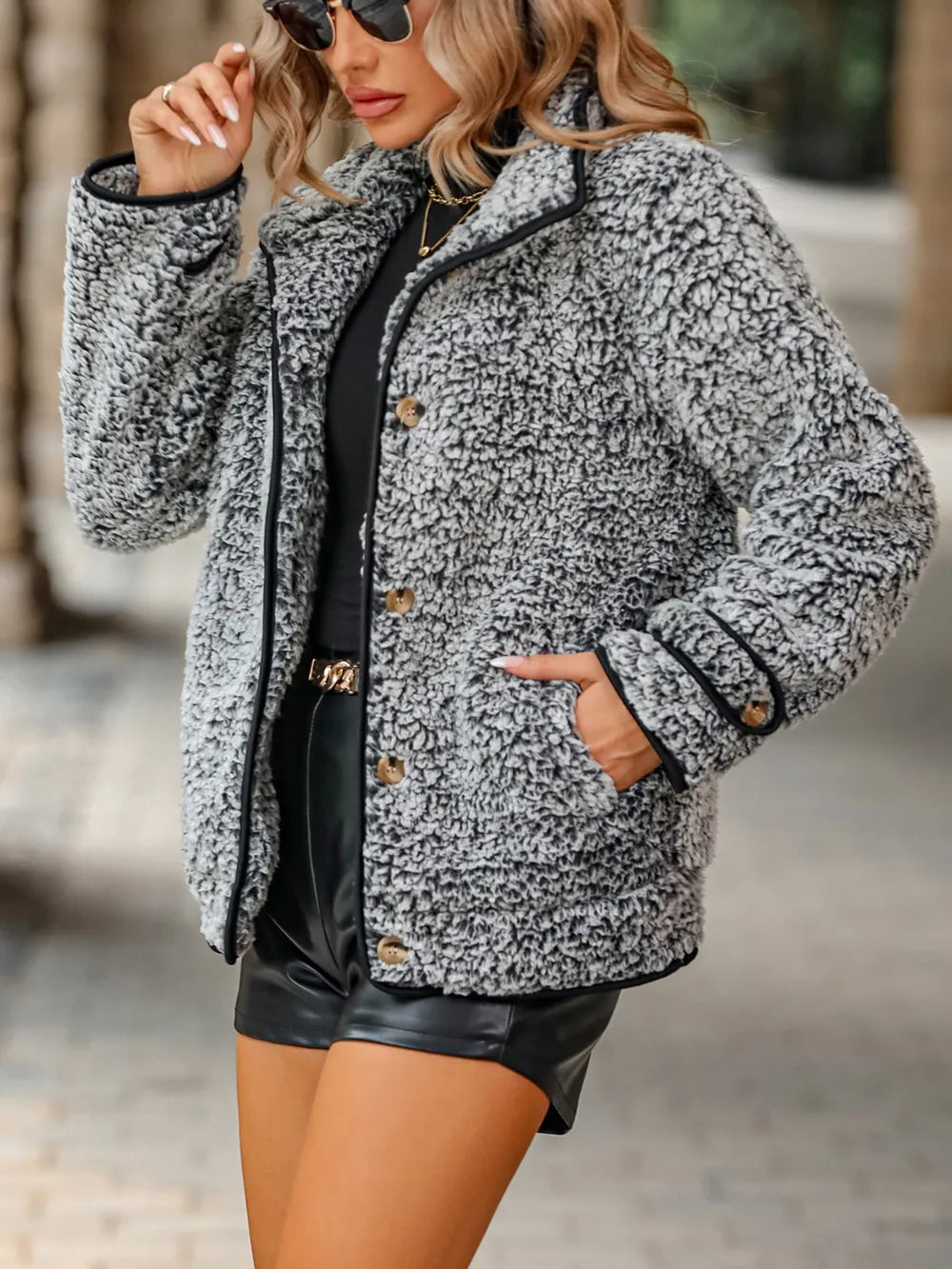 Women's Cozy Button-Up Sherpa Jacket with Pockets, Sizes S to XL