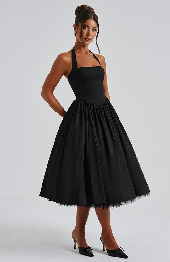Alessia | Women's Halter Midi Dress for Wedding Guests-The Yellow Prime