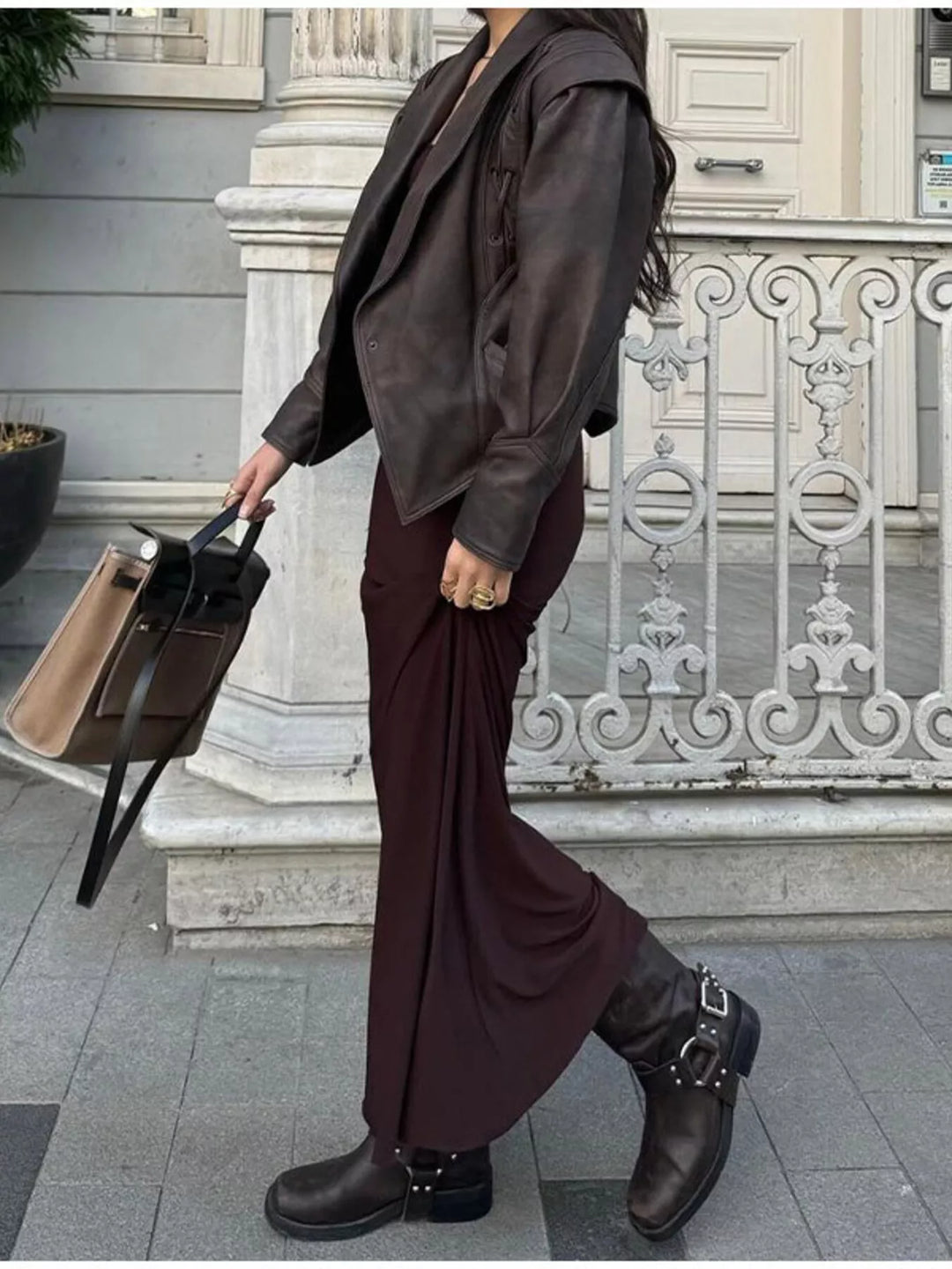 Women's Faux Leather Belted Coat with Shawl Collar, Mid-Thigh Length