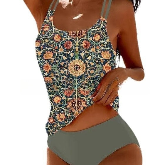 Women's Retro High-Cut Bikini with Beach Print-The Yellow Prime