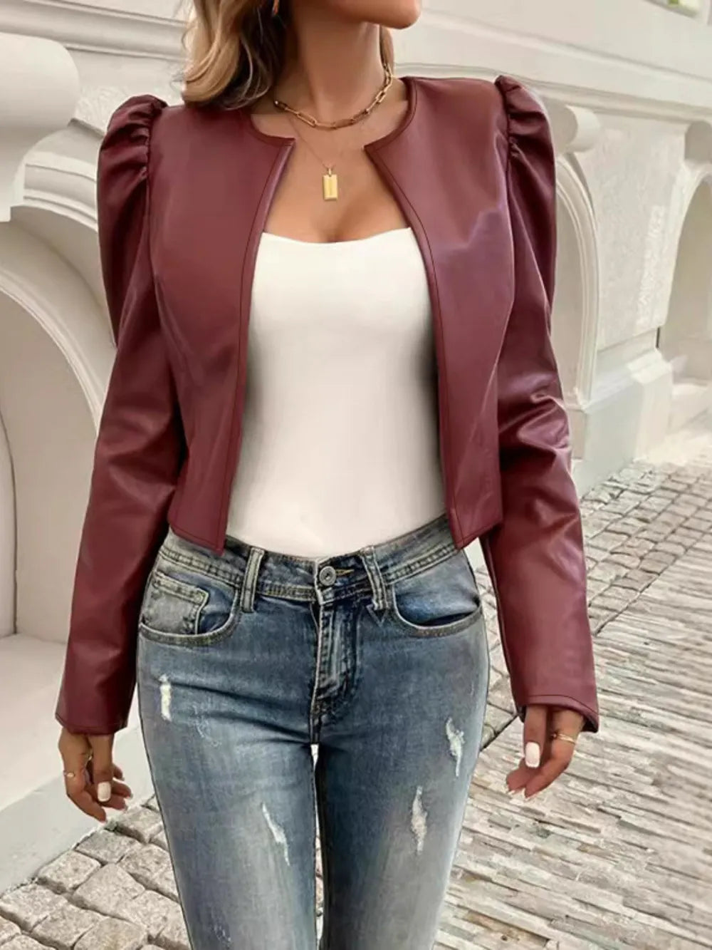 Chaqueta de piel sintética para mujer con parte delantera abierta y mangas abullonadas, tallas S-XL