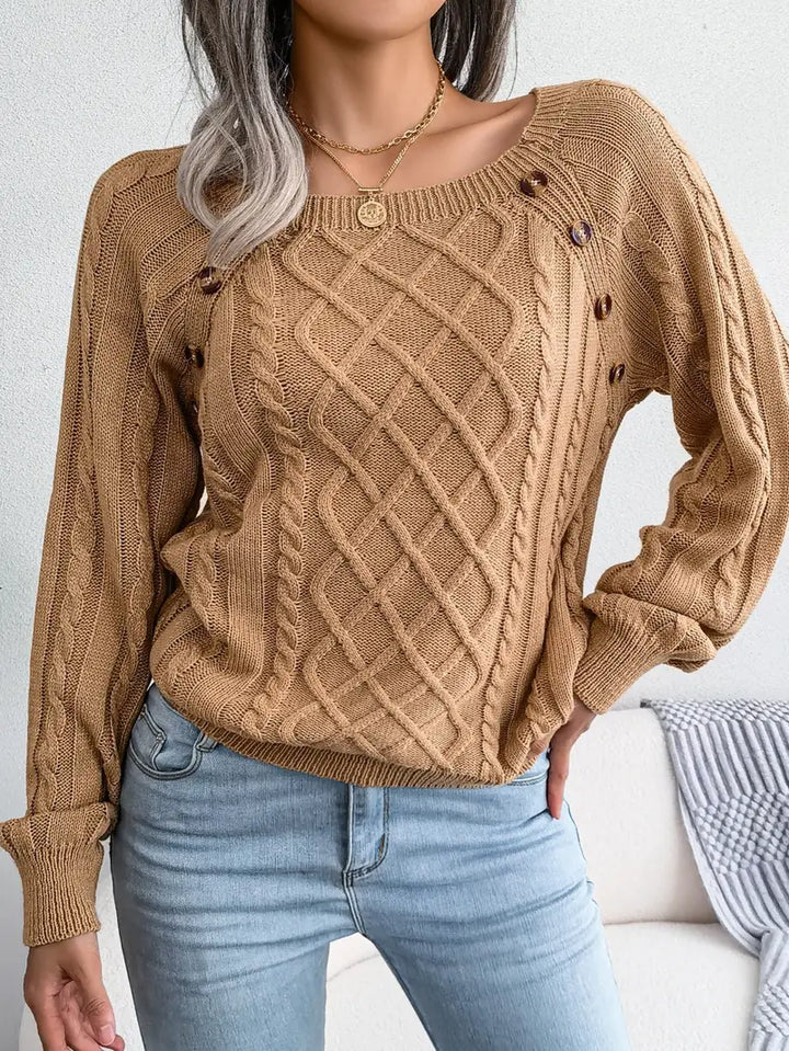 Women's Loose-Fitting Cable-Knit Sweater with Shoulder Buttons