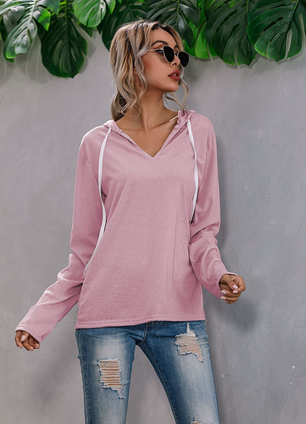 Women's Lightweight Relaxed V Neck Knit Hoodie for Everyday Wear-The Yellow Prime