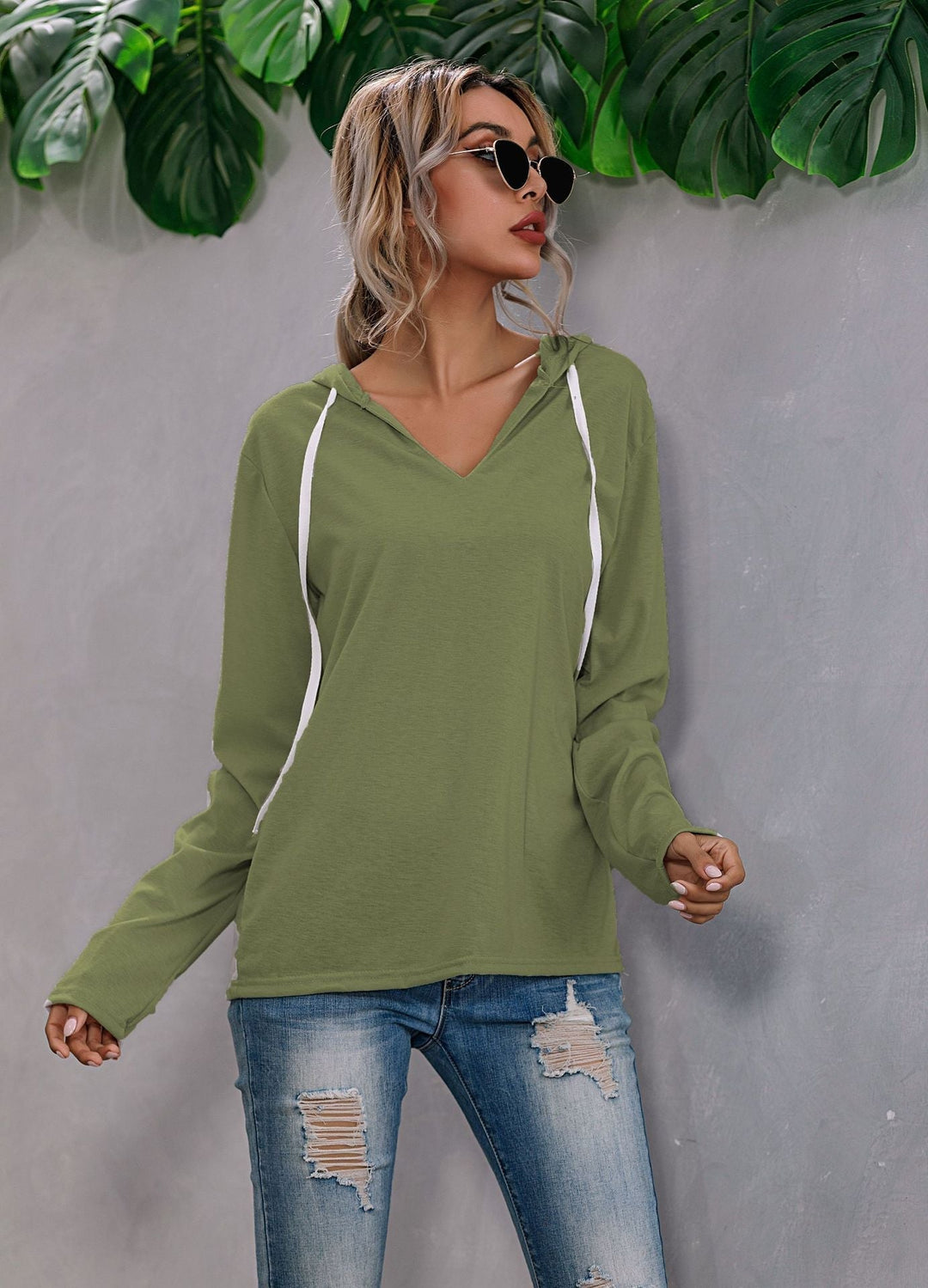 Women's Lightweight Relaxed V Neck Knit Hoodie for Everyday Wear-The Yellow Prime