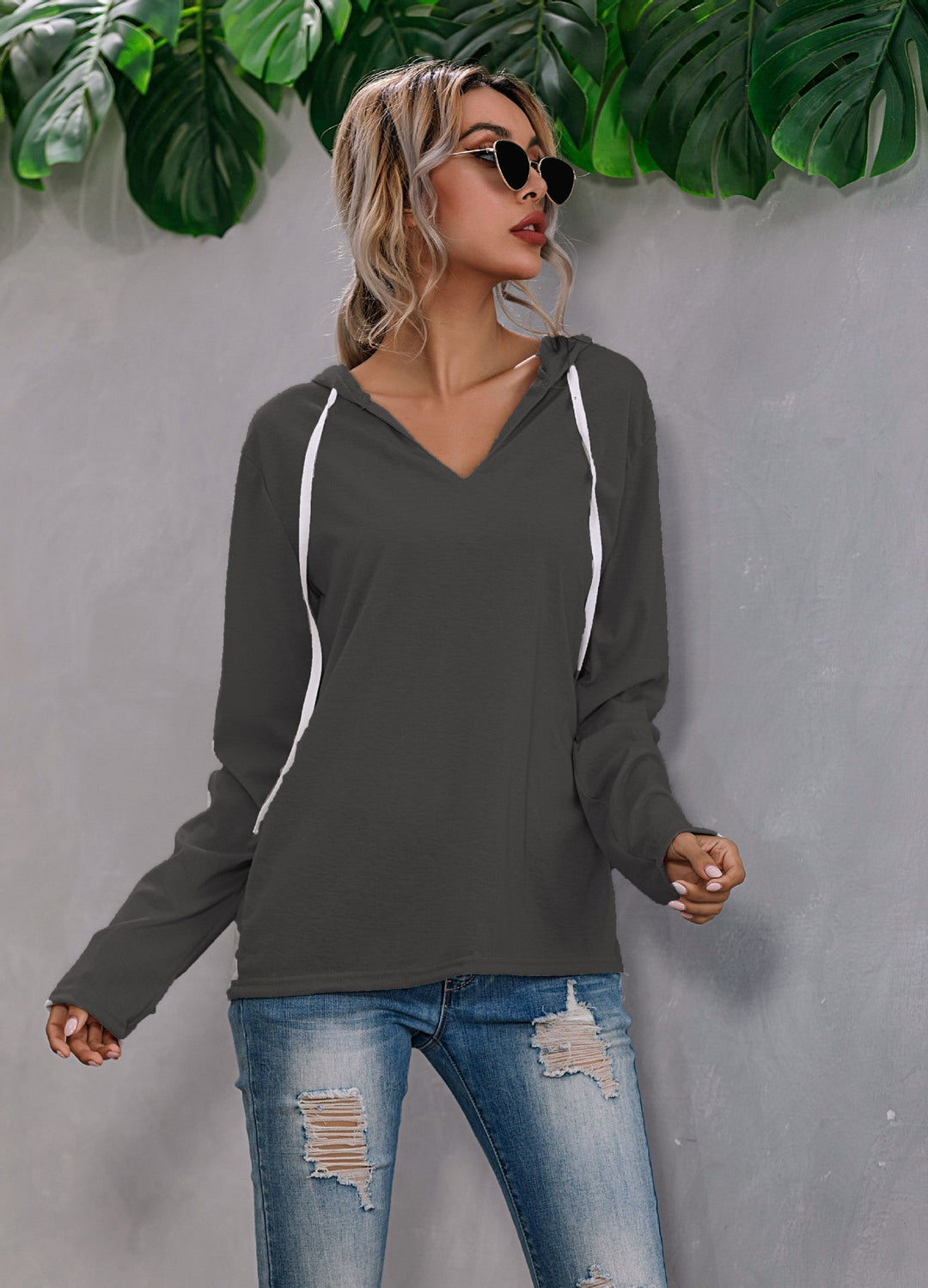 Women's Lightweight Relaxed V Neck Knit Hoodie for Everyday Wear-The Yellow Prime