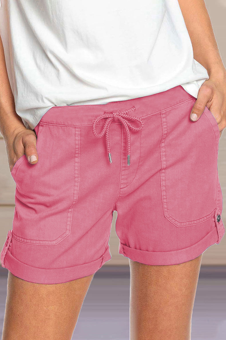 Women's Adjustable Drawstring Waist Cuffed Hem Shorts-The Yellow Prime