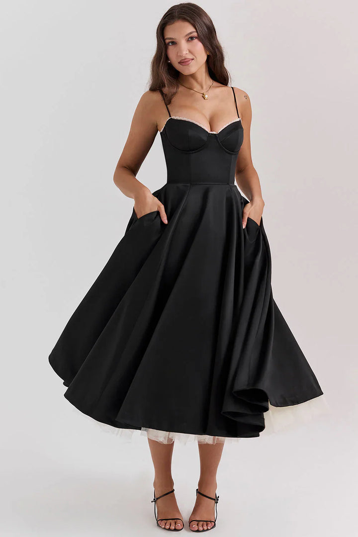 Women's Elegant Midi Dress with Fit-and-Flare Design and Tulle Hem-The Yellow Prime