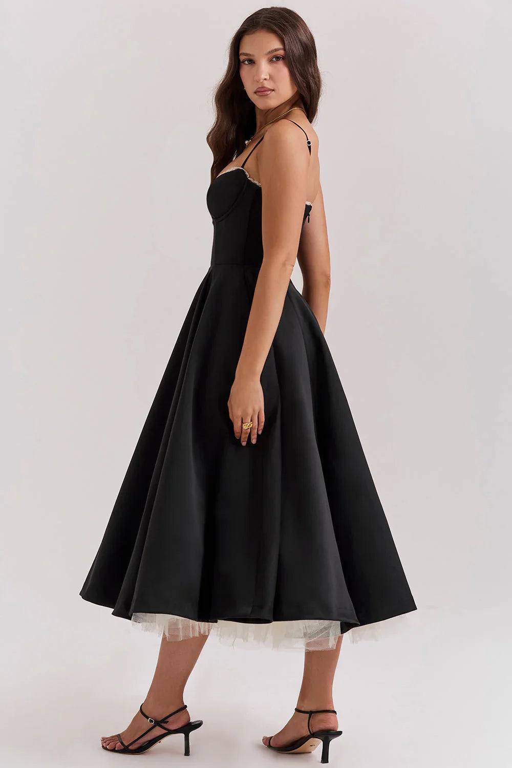 Women's Elegant Midi Dress with Fit-and-Flare Design and Tulle Hem-The Yellow Prime