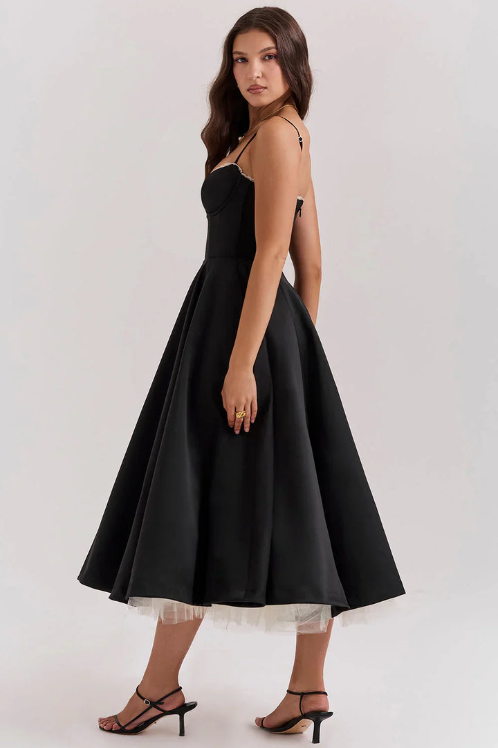 Women's Elegant Midi Dress with Fit-and-Flare Design and Tulle Hem-The Yellow Prime